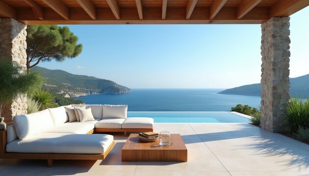 Luxury villa patio with infinity pool overlooks blue ocean sea. Modern white sofa and wood table offer relaxing outdoor lounge area with mountain backdrop.