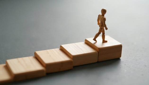 Wooden figure walks up ascending blocks representing career growth and life path. Concept for personal development goal achievement success and future planning.