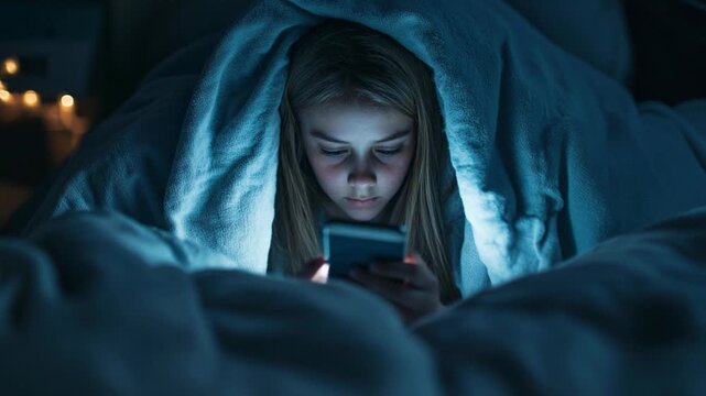 A young girl sits in bed under a blanket, using her smartphone late at night, illuminated by its glow in a cozy room filled with soft lighting and tranquility.