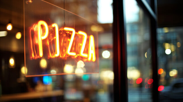 Neon pizza sign glowing in restaurant window at night, warm urban street lights creating bokeh effect