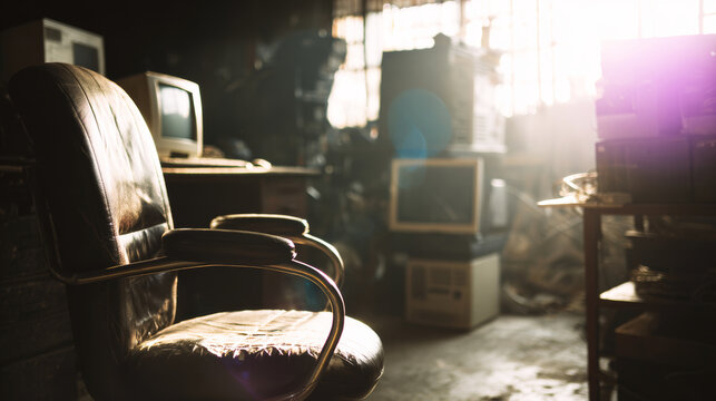 Vintage leather office chair in a cluttered room with obsolete computers, creating a mood of nostalgia and forgotten technology