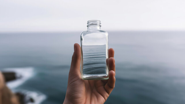 Hand holding glass bottle with refracted ocean, capturing serene sea and horizon in ethereal light