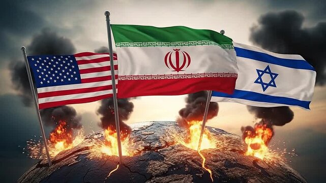Animated flags of Iran, USA, and Israel on a cracked burning globe, global conflict concept, 4K