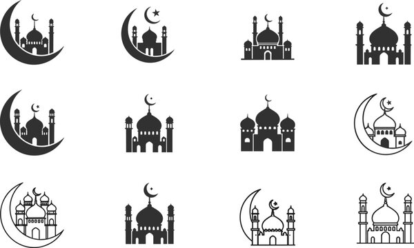 Islamic mosque architecture silhouette vector set featuring various masjid designs with crescent moon and star for Ramadan Karee