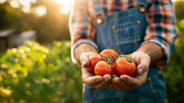 Farmer hands presenting freshly harvested organic red tomatoes, garden background, golden sunlight, healthy eating concept