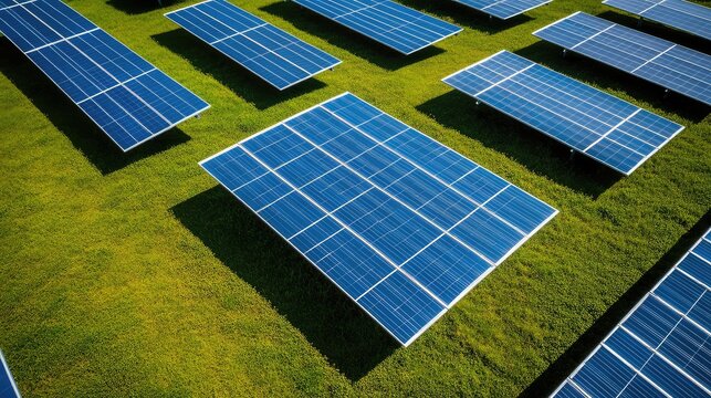 Solar panels in orderly rows convert sunlight into clean electricity across a green field, showcasing renewable energy infrastructure, sustainability and low carbon power generation
