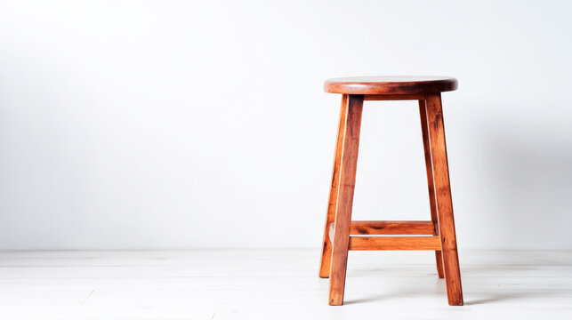 Wooden stool standing on white floor against a clean minimalist background with ample copy space