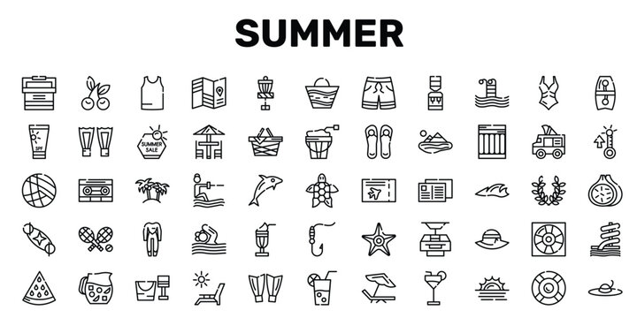 summer outline icon set featuring caste, waterski, wetsuit, summer hat icons.