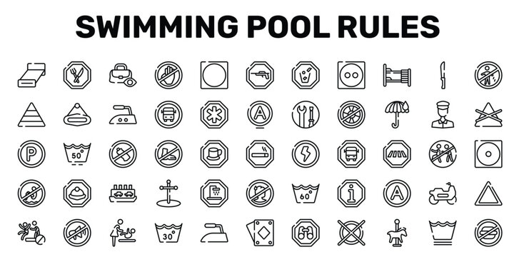 swimming pool rules outline icon set featuring null, no shoes, ferry carrying cars, not allowed snacks icons.