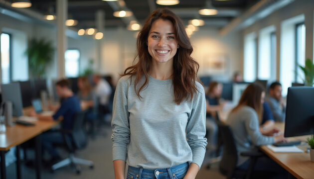Young woman smiles in modern office setting. Wears gray long-sleeve shirt, jeans, looking directly at camera. Colleagues work at computers in blurred background, creating busy yet focused atmosphere.