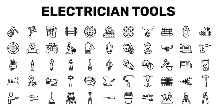 electrician tools outline icon set featuring norigae, overalls, polisher, clamps icons.