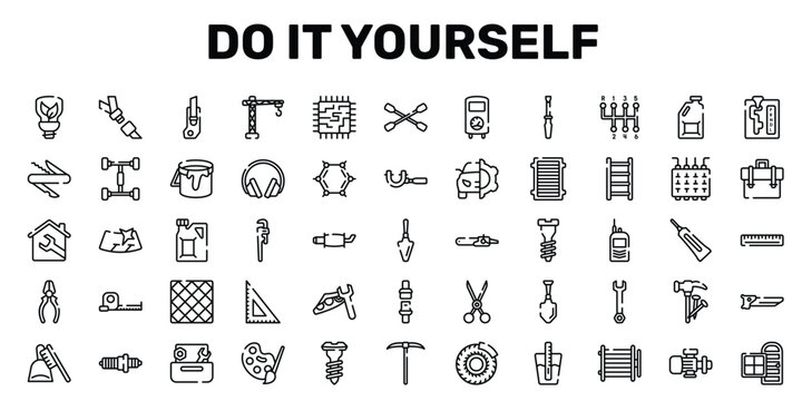 do it yourself outline icon set featuring windshield, stillson wrench, tile, door and window icons.