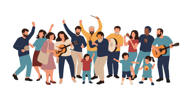 Group of cheerful friends and family members singing and playing musical instruments together in a joyous social gathering.