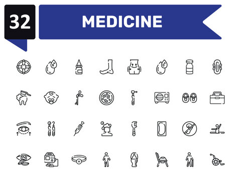 medicine outline icon set featuring life saver, drop medicine, dental drill, handicap icons.