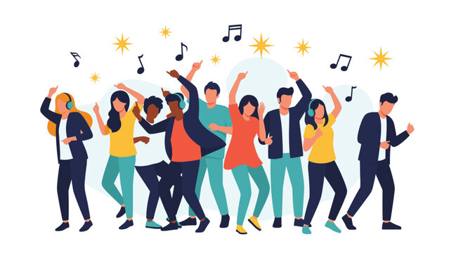 Energetic group of young people dancing and enjoying a music party with floating musical notes and sparkling stars in the background.