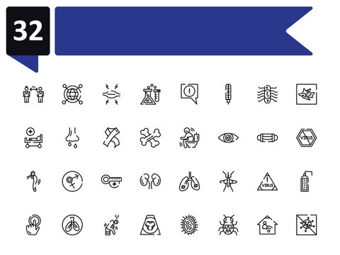outline icon set featuring keep distance, myaia, diarrhea, antiviral icons.