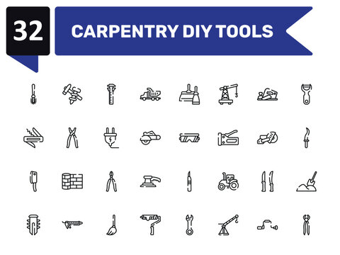 carpentry diy tools outline icon set featuring toilet brush, sliding scale, protection glasses, nail puller icons.