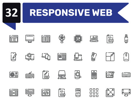 responsive web outline icon set featuring web interface, program interface, laptop and smartphone, expand corners icons.