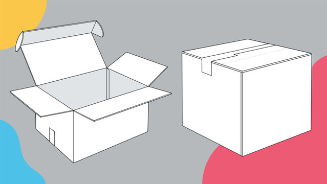 Set of open and closed cardboard storage boxes depicted in a minimalist style against a background with colorful abstract shapes.