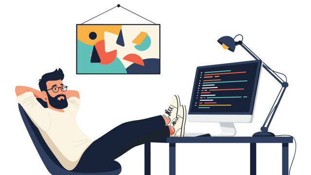 Relaxed man with his feet up on a desk in front of a computer screen showing code in a modern and comfortable home office.
