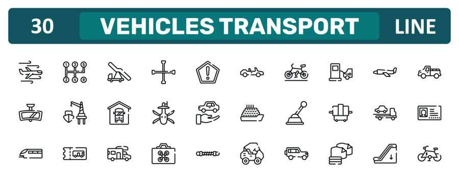 vehicles transport outline icon set featuring turbulence, refilling, tow, electric bike icons.