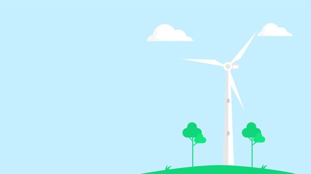 Flat design illustration of rotating wind turbine on a green hill for renewable energy and sustainability concept