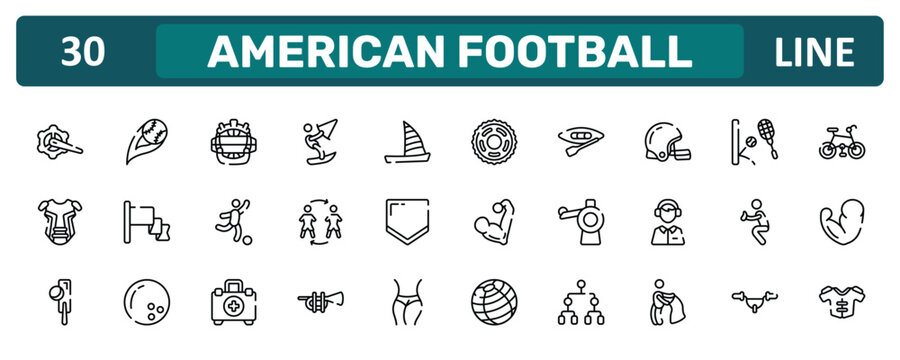 american football outline icon set featuring crank arm, rugby helmet, catcher, protections icons.