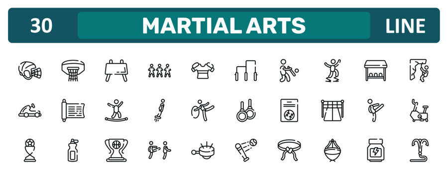 martial arts outline icon set featuring hockey helmet, powerbocking, master, grappling hook icons.