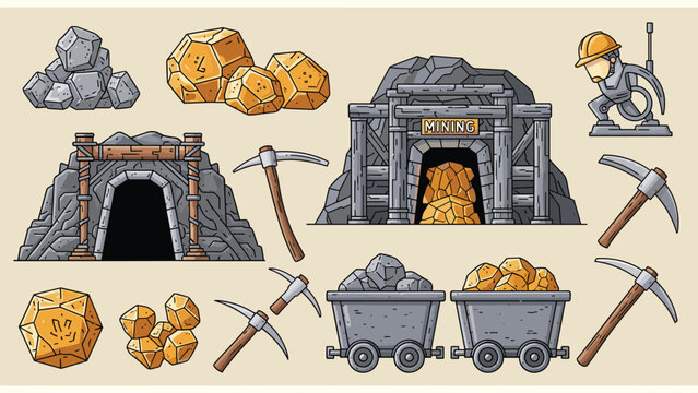 Set of mining-themed icons including gold nuggets, pickaxes, coal carts, and mine entrances for a classic treasure hunting game.