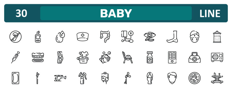 baby outline icon set featuring deaf, ankle, doctor briefcase, baby walker icons.