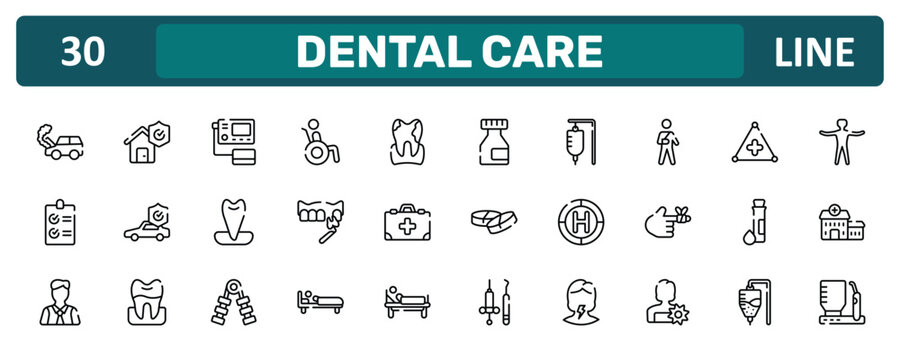 dental care outline icon set featuring car crash, wounded man, test tube and drop, dental irrigator icons.