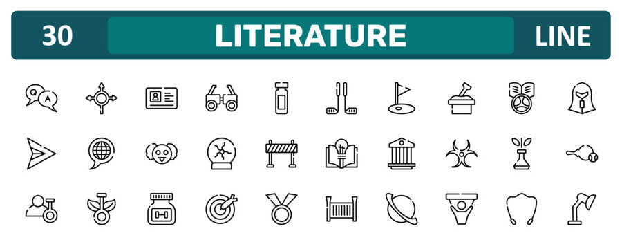 literature outline icon set featuring qa, sandbox, biological, adjustable lamp icons.