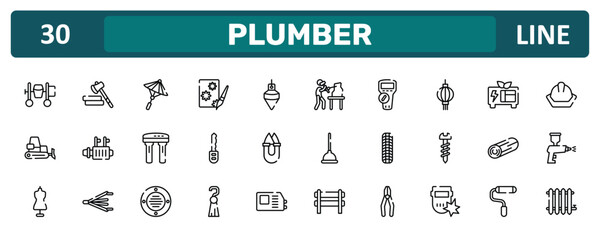 plumber outline icon set featuring cement mixer, paper lantern, woods, radiator icons. © VectorStockDesign