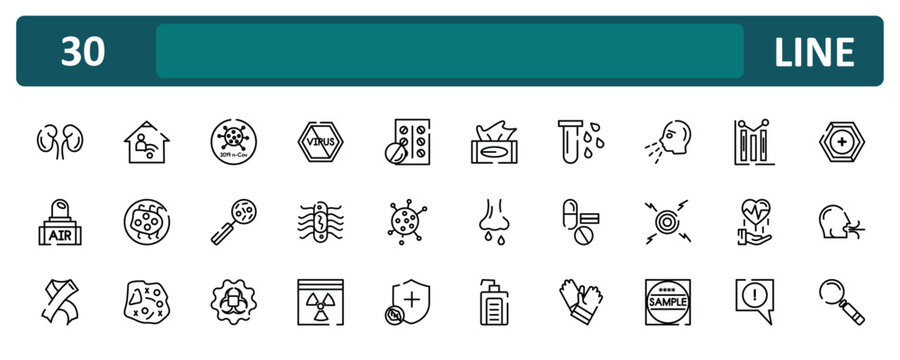 outline icon set featuring kidney, sneezing, disease prevention, magnifying glass icons.
