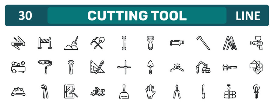 cutting tool outline icon set featuring jackknife, crowbar, calipers, knife for pizza icons.