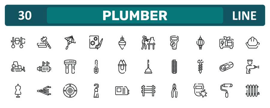plumber outline icon set featuring cement mixer, paper lantern, woods, radiator icons.