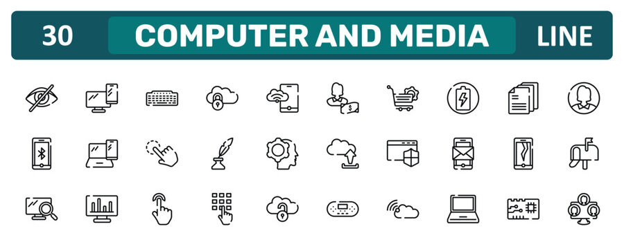 computer and media outline icon set featuring visibility off, charging circle, cracked screen, three users icons.