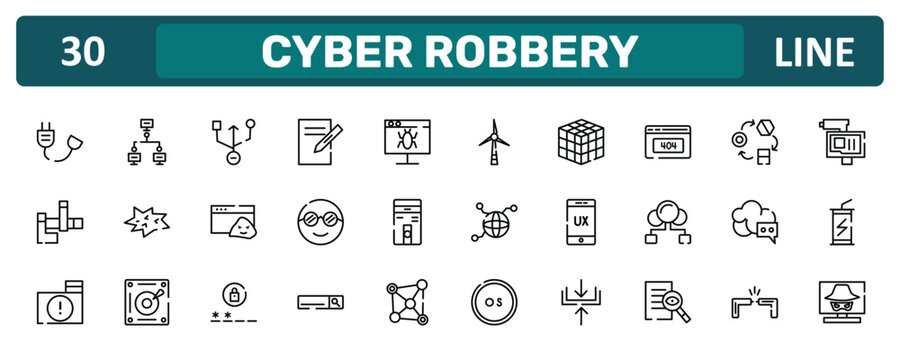 cyber robbery outline icon set featuring power cable, 404, cloud messaging, hacking icons.