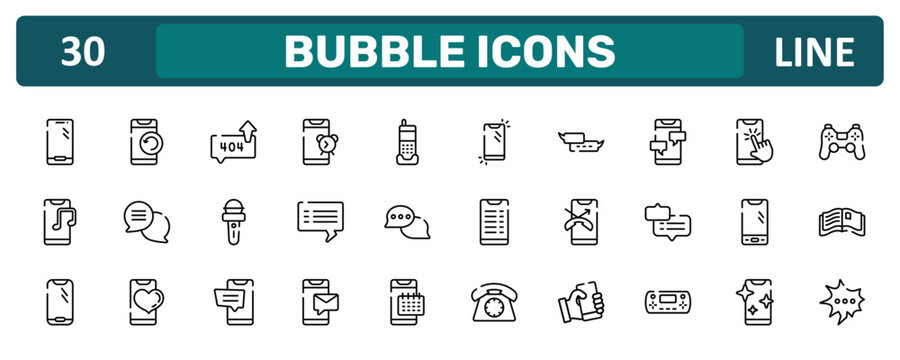 bubble icons outline icon set featuring modern smartphone, message from phone, smartphone with three buttons, scream bubble icons.