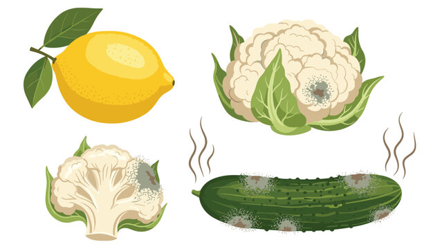 Collection of spoiled and moldy vegetables and fruits including lemon, cauliflower, and cucumber showing signs of decay and waste.