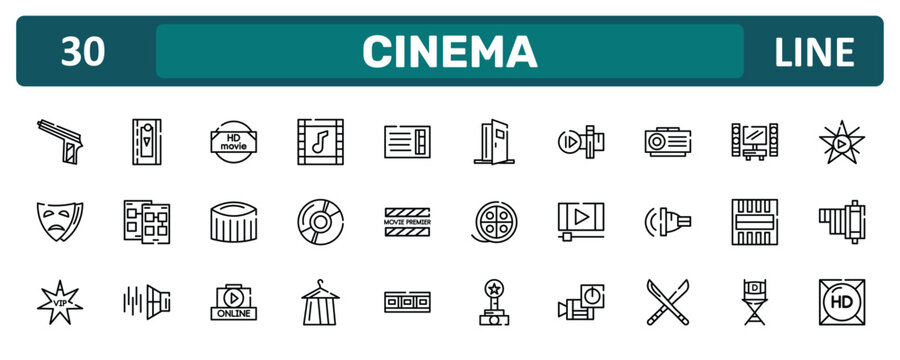 cinema outline icon set featuring hitman, slide projector, freeze frame, hd icons.