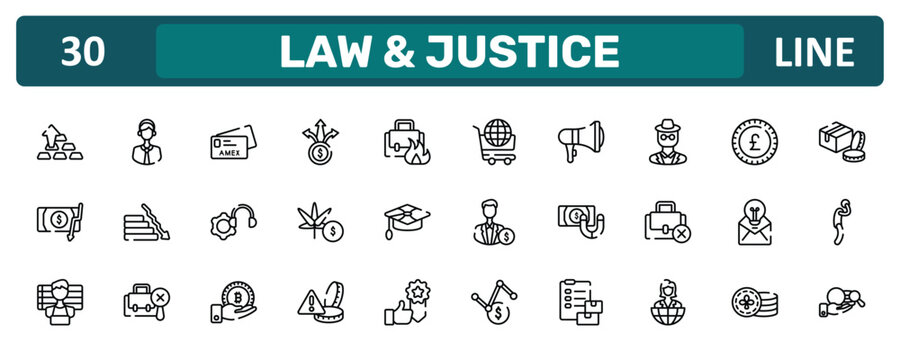 law & justice outline icon set featuring ingot, detective, null, corruption icons.