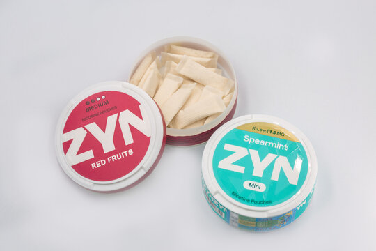ZYN nicotine pouches tins red fruits and spearmint flavor closeup.