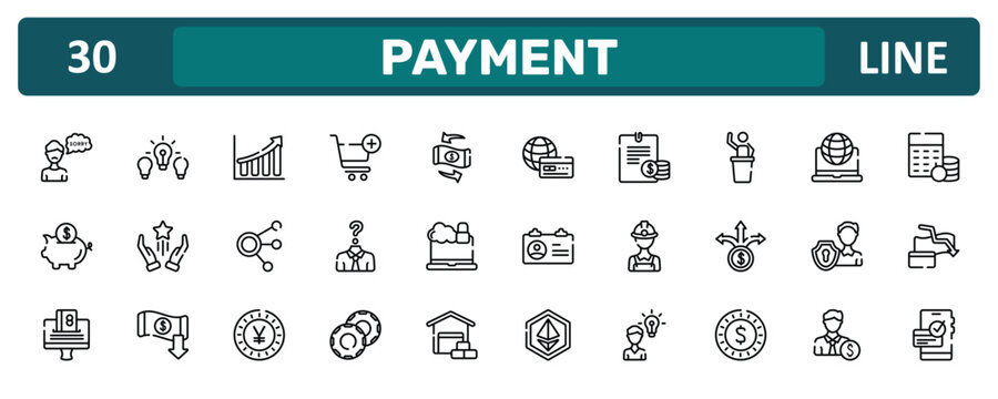 payment outline icon set featuring apology, auctioneer, personal security, dive icons.