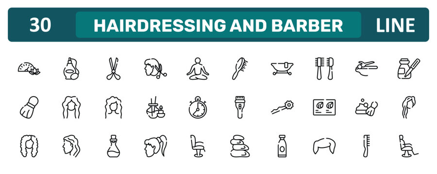 hairdressing and barber outline icon set featuring pressure, pets hair salon tools kit, shaving foam, barber chair icons.