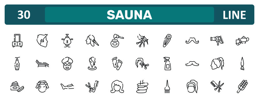 sauna outline icon set featuring dressing table, mustache shape, ponytail hair, whisk icons.
