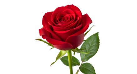 Naklejka premium A single, velvety red rose with a fresh green stem, isolated on a pure white background.