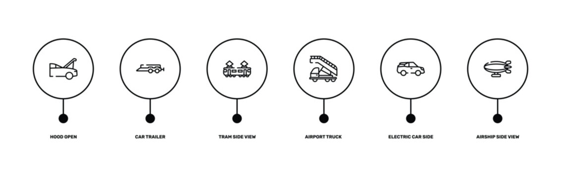 transporters outline icon set featuring hood open, car trailer, electric car side view, airship side view icons.