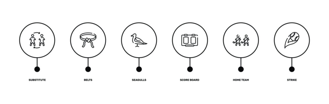 baseball outline icon set featuring substitute, belts, home team, strike icons.