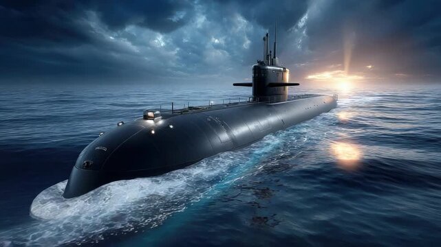 Military submarine emerging from the deep, navigating open ocean waters with a powerful wake.symbolizing global security, naval power, strategic defense, and international relations. Copy space
